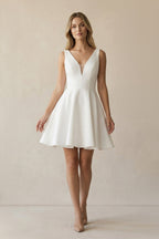 A-Line White Satin V-Neck Short Wedding Dress with Bow - Curvevia