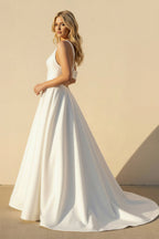 A-Line V-Neck White Long Wedding Dress with Bow-Knot - Curvevia