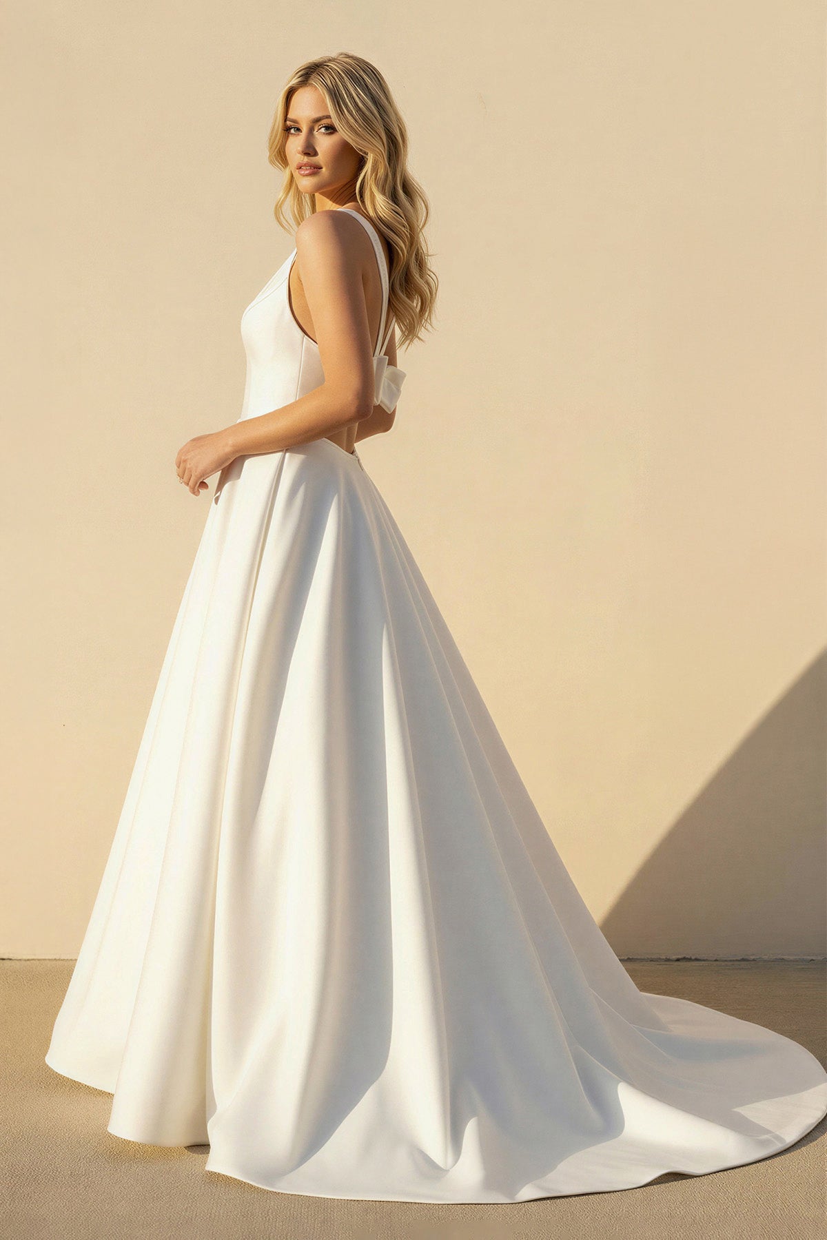 A-Line V-Neck White Long Wedding Dress with Bow-Knot - Curvevia