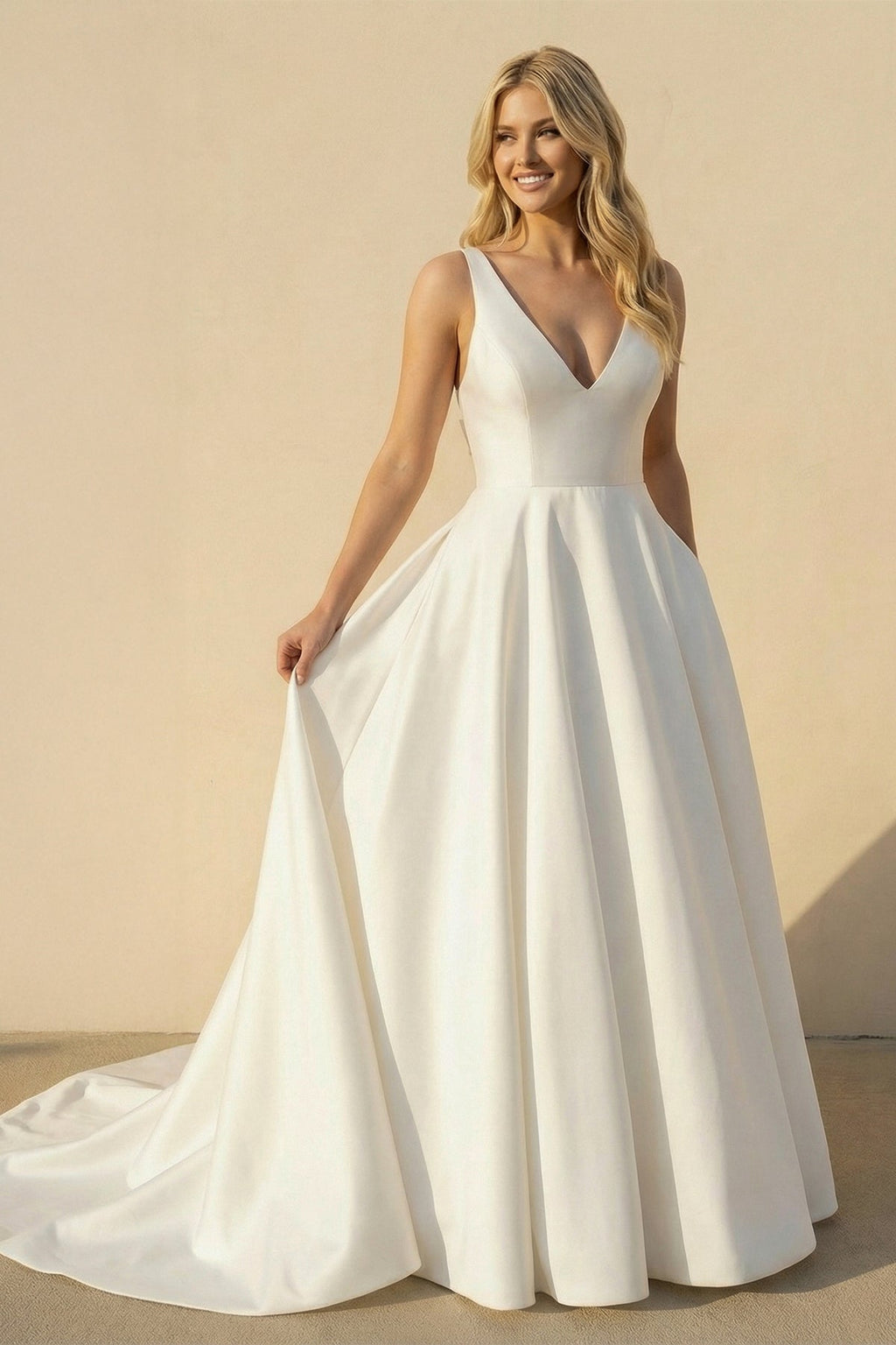 A-Line V-Neck White Long Wedding Dress with Bow-Knot - Curvevia