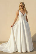 A-Line V-Neck White Long Wedding Dress with Bow-Knot - Curvevia