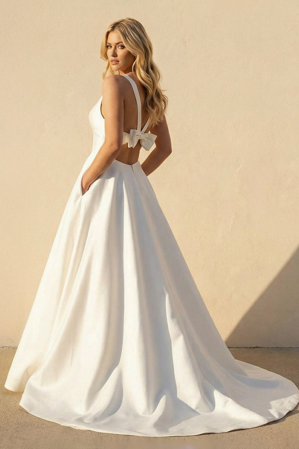 A-Line V-Neck White Long Wedding Dress with Bow-Knot - Curvevia