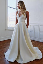 A-Line V-Neck White Long Wedding Dress with Bow-Knot - Curvevia