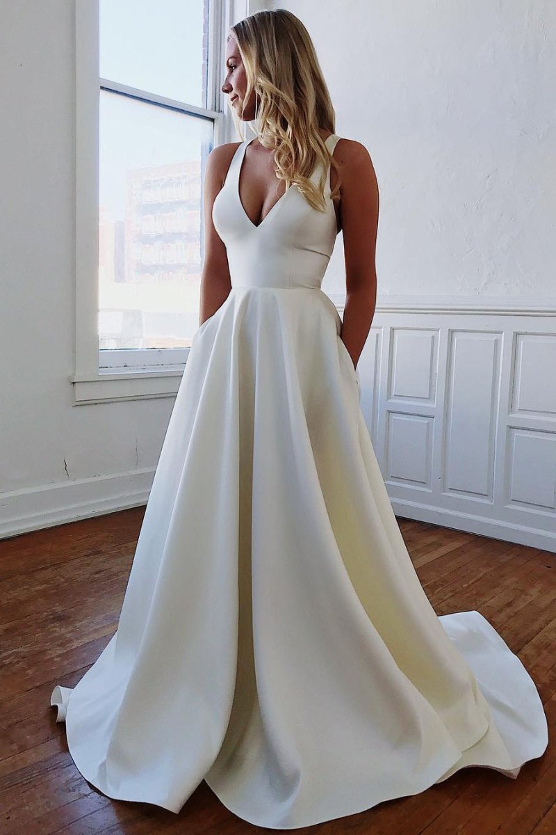 A-Line V-Neck White Long Wedding Dress with Bow-Knot - Curvevia