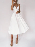 A-Line V-Neck Sleeveless Satin Knee-Length Wedding Dress - Curvevia