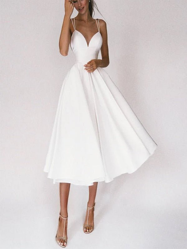 A-Line V-Neck Sleeveless Satin Knee-Length Wedding Dress - Curvevia