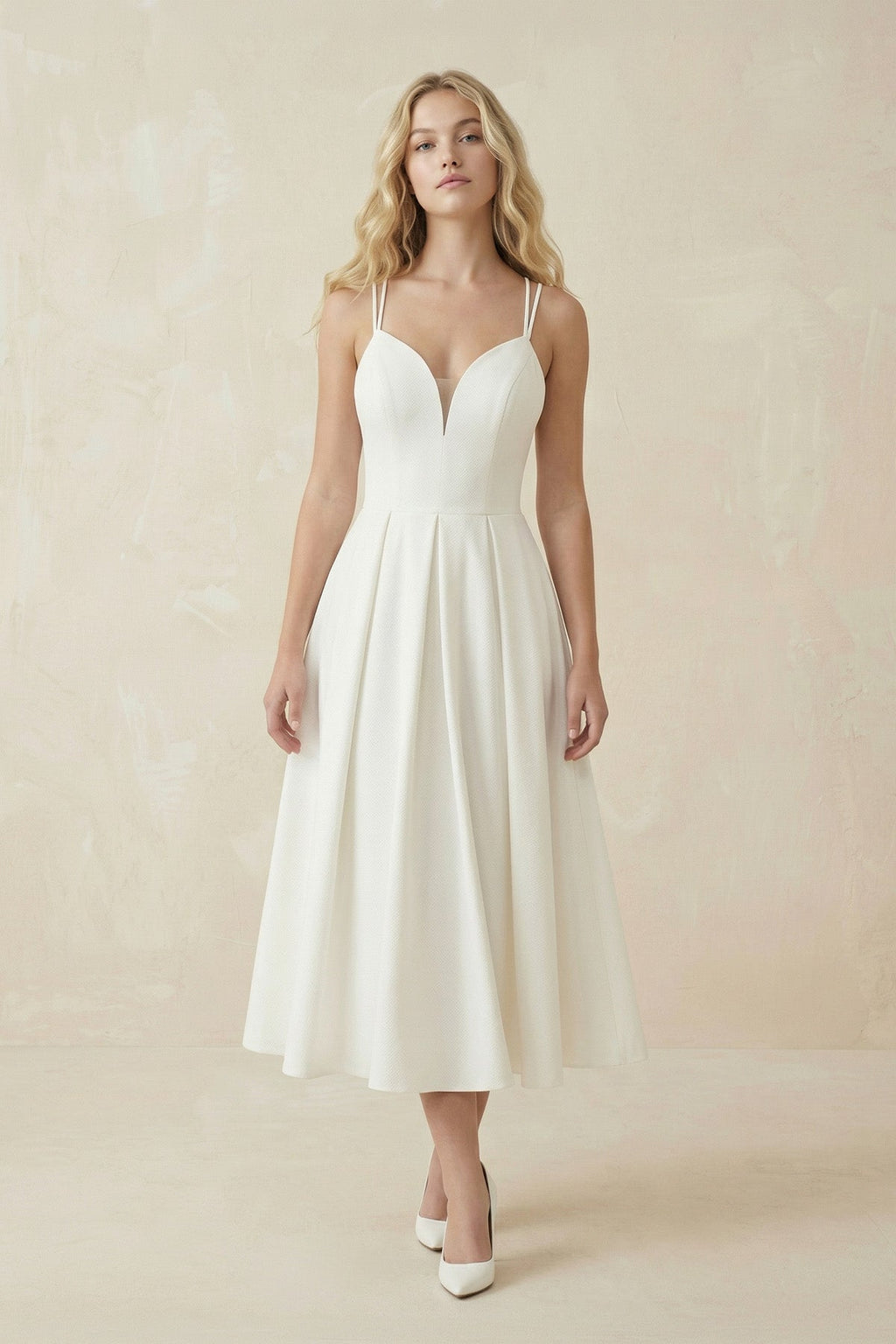 A-Line V-Neck Sleeveless Satin Knee-Length Wedding Dress - Curvevia