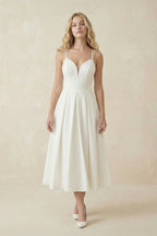 A-Line V-Neck Sleeveless Satin Knee-Length Wedding Dress - Curvevia