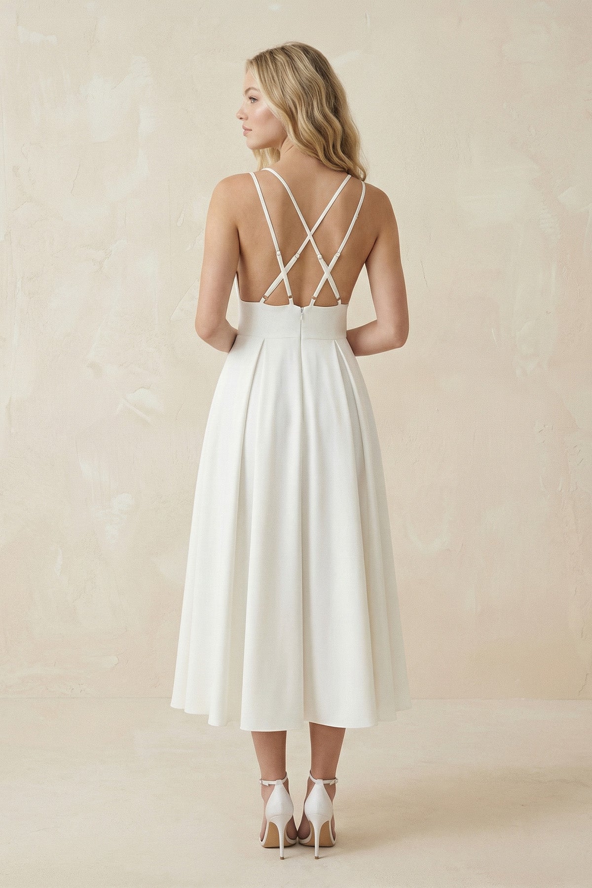 A-Line V-Neck Sleeveless Satin Knee-Length Wedding Dress - Curvevia