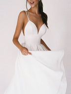 A-Line V-Neck Sleeveless Satin Knee-Length Wedding Dress - Curvevia