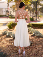 A-Line V-Neck Sleeveless Satin Knee-Length Wedding Dress - Curvevia