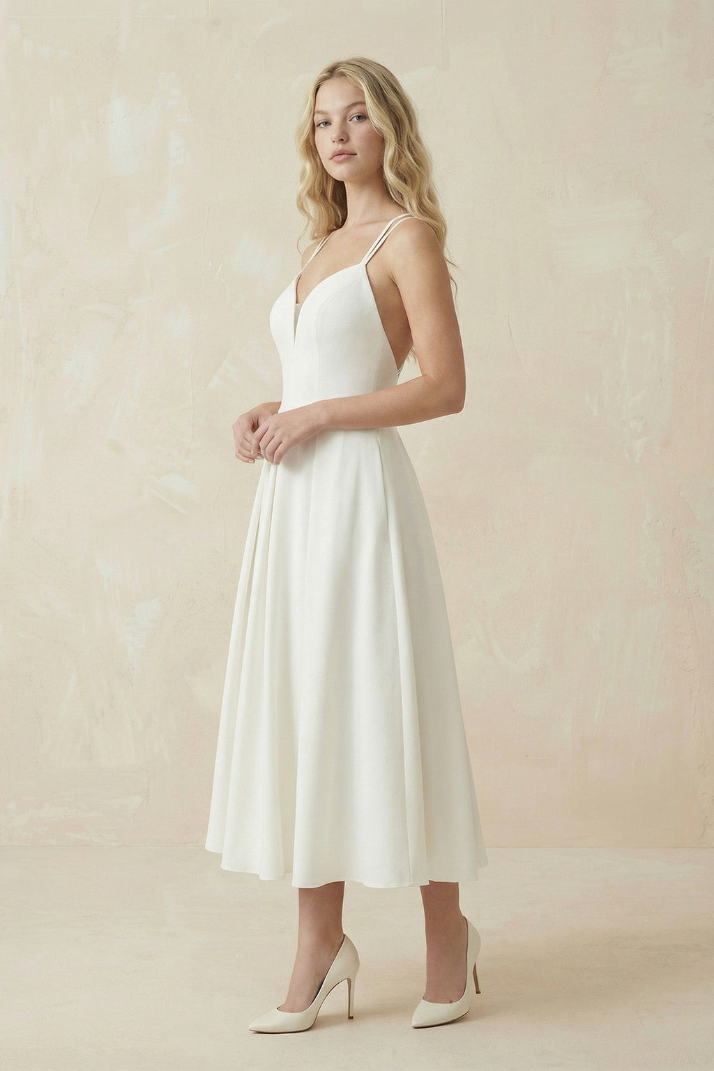 A-Line V-Neck Sleeveless Satin Knee-Length Wedding Dress - Curvevia