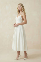 A-Line V-Neck Sleeveless Satin Knee-Length Wedding Dress - Curvevia