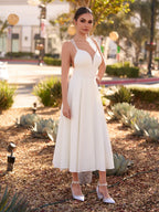 A-Line V-Neck Sleeveless Satin Knee-Length Wedding Dress - Curvevia