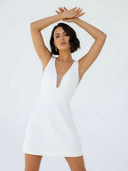 A-Line V-Neck Sleeveless Short Mini Satin Wedding Dresses - Curvevia