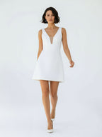A-Line V-Neck Sleeveless Short Mini Satin Wedding Dresses - Curvevia