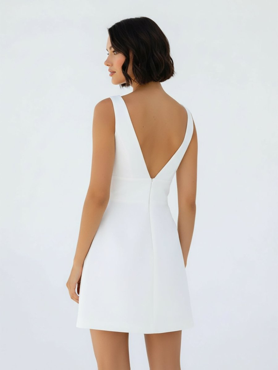 A-Line V-Neck Sleeveless Short Mini Satin Wedding Dresses - Curvevia