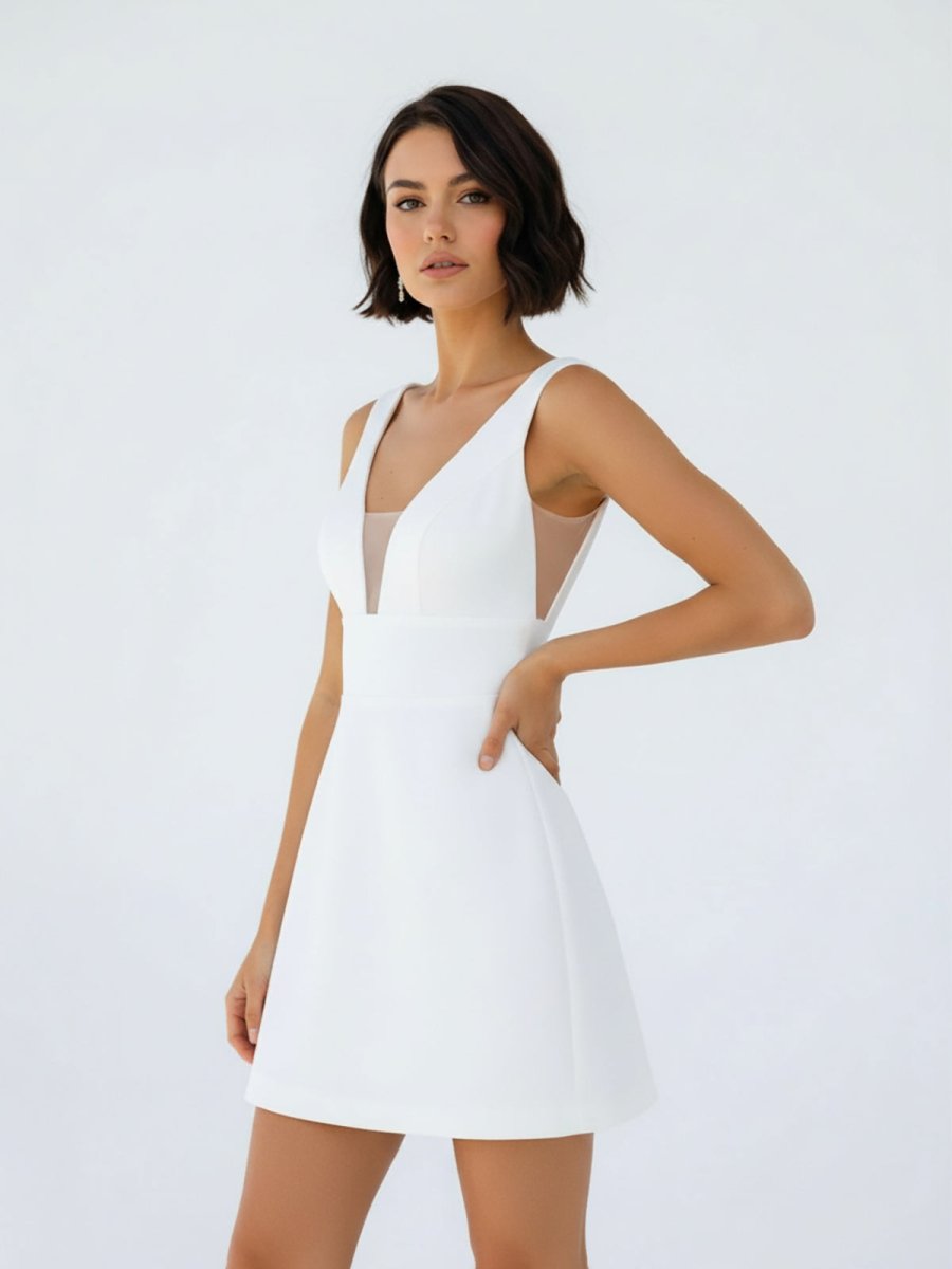 A-Line V-Neck Sleeveless Short Mini Satin Wedding Dresses - Curvevia
