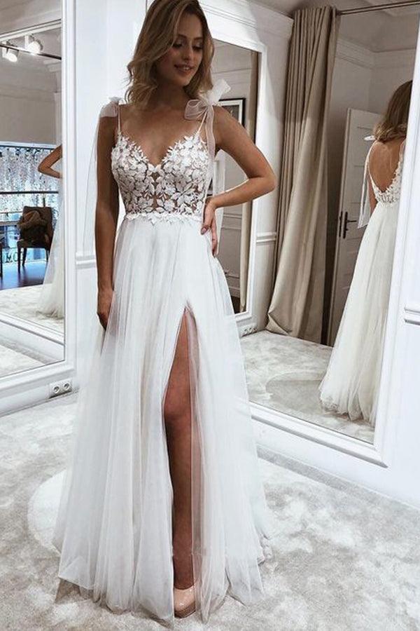 A Line V Neck Straps Tulle Split Wedding Dress/Bridal Gown with Lace - Curvevia
