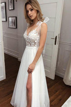 A Line V Neck Straps Tulle Split Wedding Dress/Bridal Gown with Lace - Curvevia