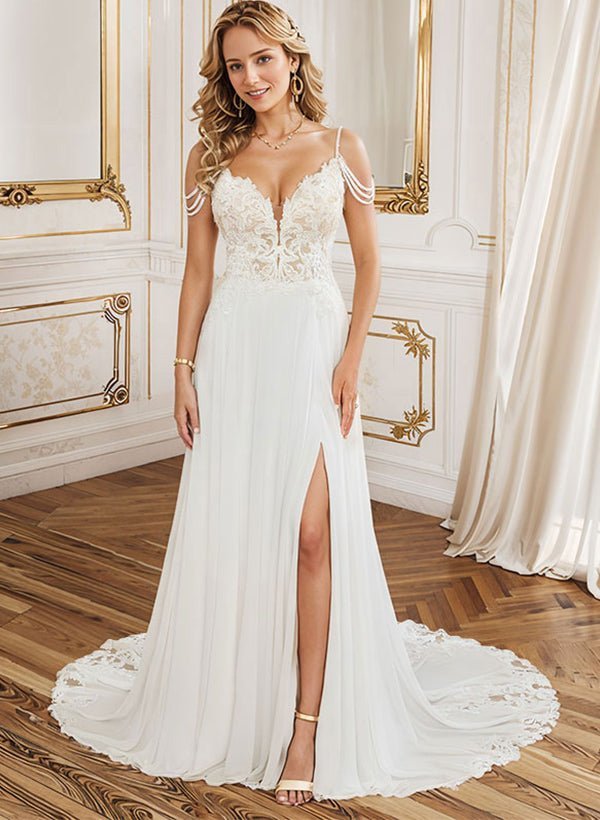 A-Line V-Neck Sweep Train Wedding Dress With Lace Split Front - Curvevia
