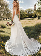 A-Line V-Neck Sweep Train Wedding Dress With Lace Split Front - Curvevia