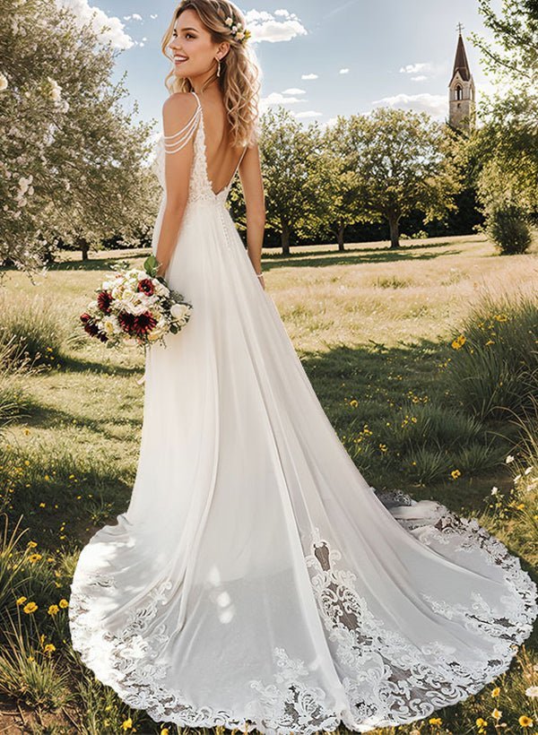A-Line V-Neck Sweep Train Wedding Dress With Lace Split Front - Curvevia