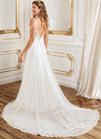 A-Line V-Neck Sweep Train Wedding Dress With Lace Split Front - Curvevia