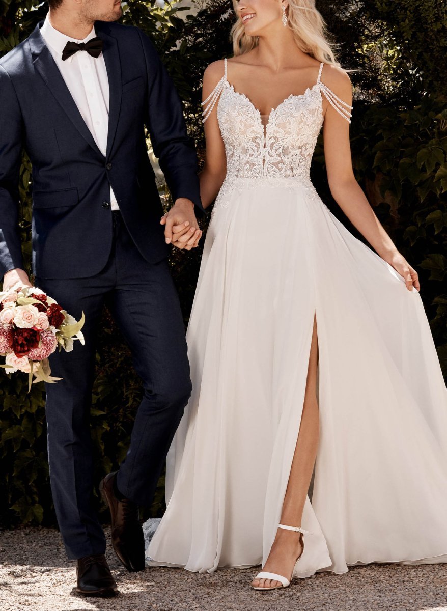 A-Line V-Neck Sweep Train Wedding Dress With Lace Split Front - Curvevia