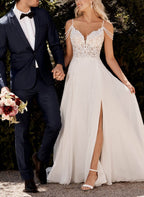 A-Line V-Neck Sweep Train Wedding Dress With Lace Split Front - Curvevia