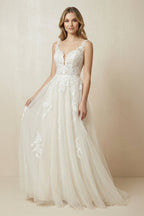 A-Line V-Neck Tulle Appliqued Wedding Dress in Ivory - Curvevia