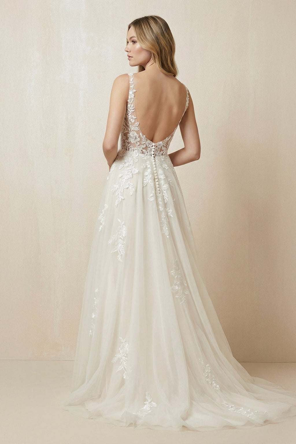 A-Line V-Neck Tulle Appliqued Wedding Dress in Ivory - Curvevia