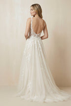 A-Line V-Neck Tulle Appliqued Wedding Dress in Ivory - Curvevia