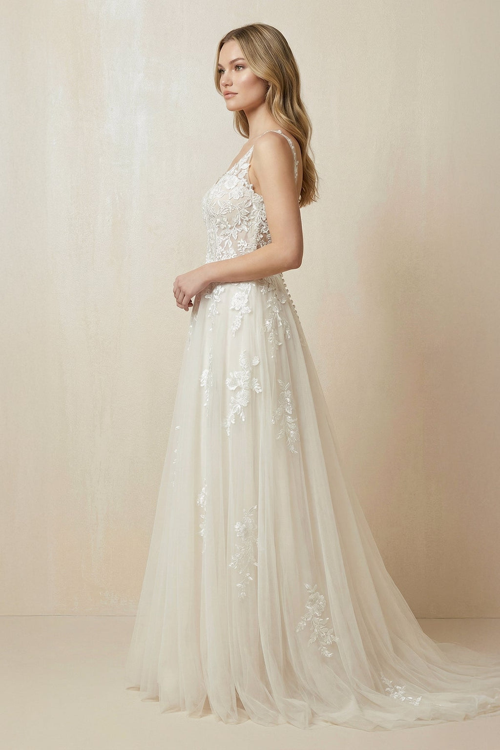 A-Line V-Neck Tulle Appliqued Wedding Dress in Ivory - Curvevia