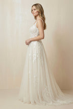 A-Line V-Neck Tulle Appliqued Wedding Dress in Ivory - Curvevia