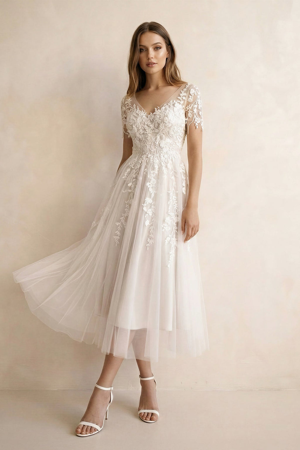 Tea Length Sleeves Ethereal Modern A-Line V-Neck Button Back Wedding Dress - Curvevia