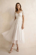 Tea Length Sleeves Ethereal Modern A-Line V-Neck Button Back Wedding Dress - Curvevia