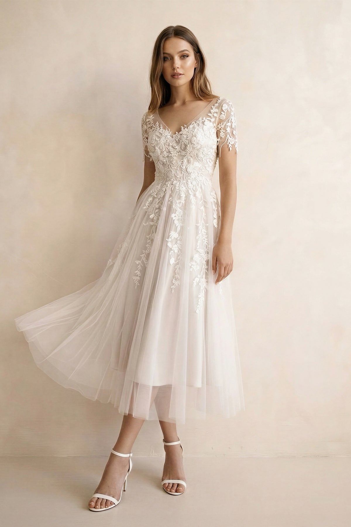 Tea Length Sleeves Ethereal Modern A-Line V-Neck Button Back Wedding Dress - Curvevia