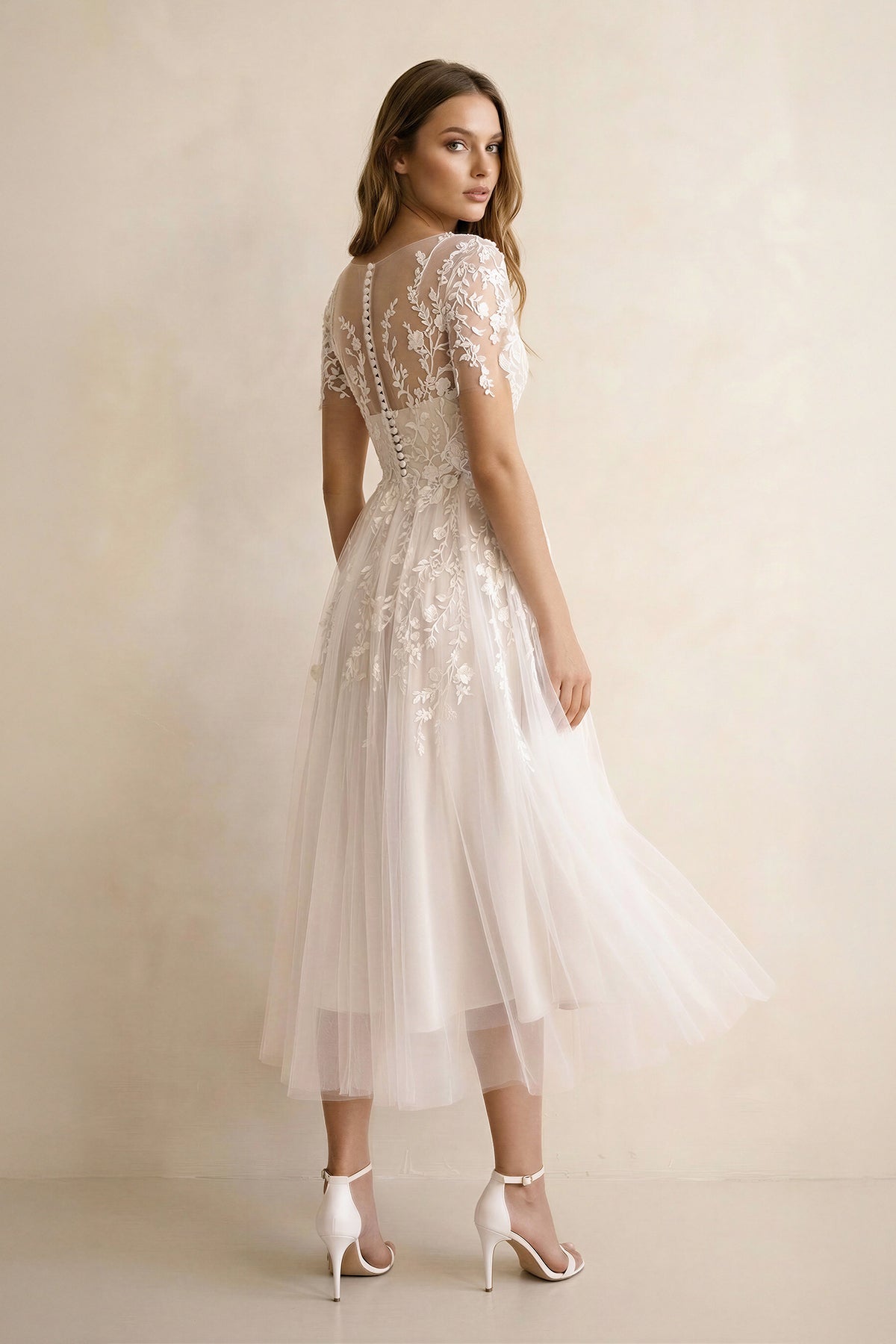 Tea Length Sleeves Ethereal Modern A-Line V-Neck Button Back Wedding Dress - Curvevia