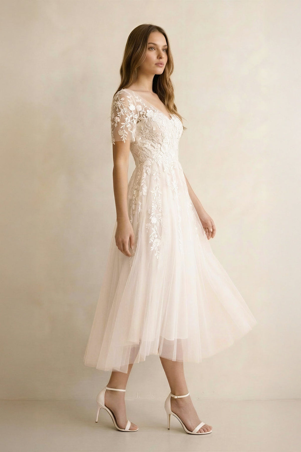 Tea Length Sleeves Ethereal Modern A-Line V-Neck Button Back Wedding Dress - Curvevia