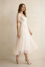 Tea Length Sleeves Ethereal Modern A-Line V-Neck Button Back Wedding Dress - Curvevia