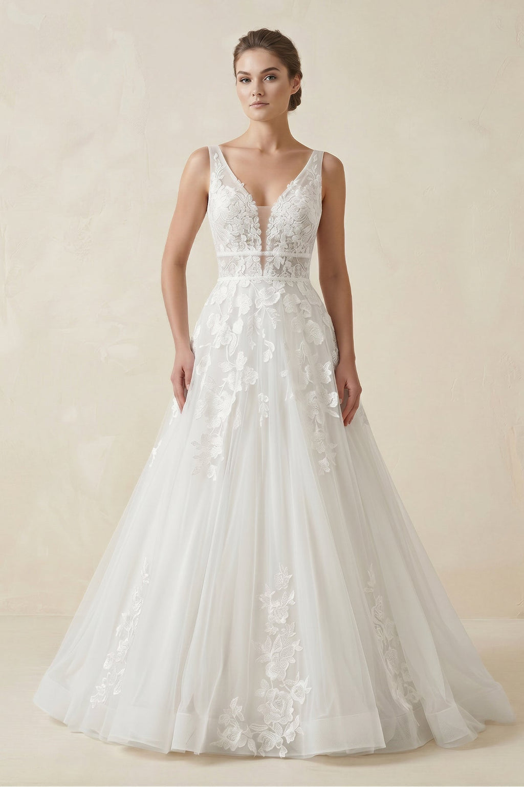 Adorable A-Line Lace Wedding Dress With Appliques And Illusion Deep-V Back - Curvevia