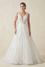 Adorable A-Line Lace Wedding Dress With Appliques And Illusion Deep-V Back - Curvevia