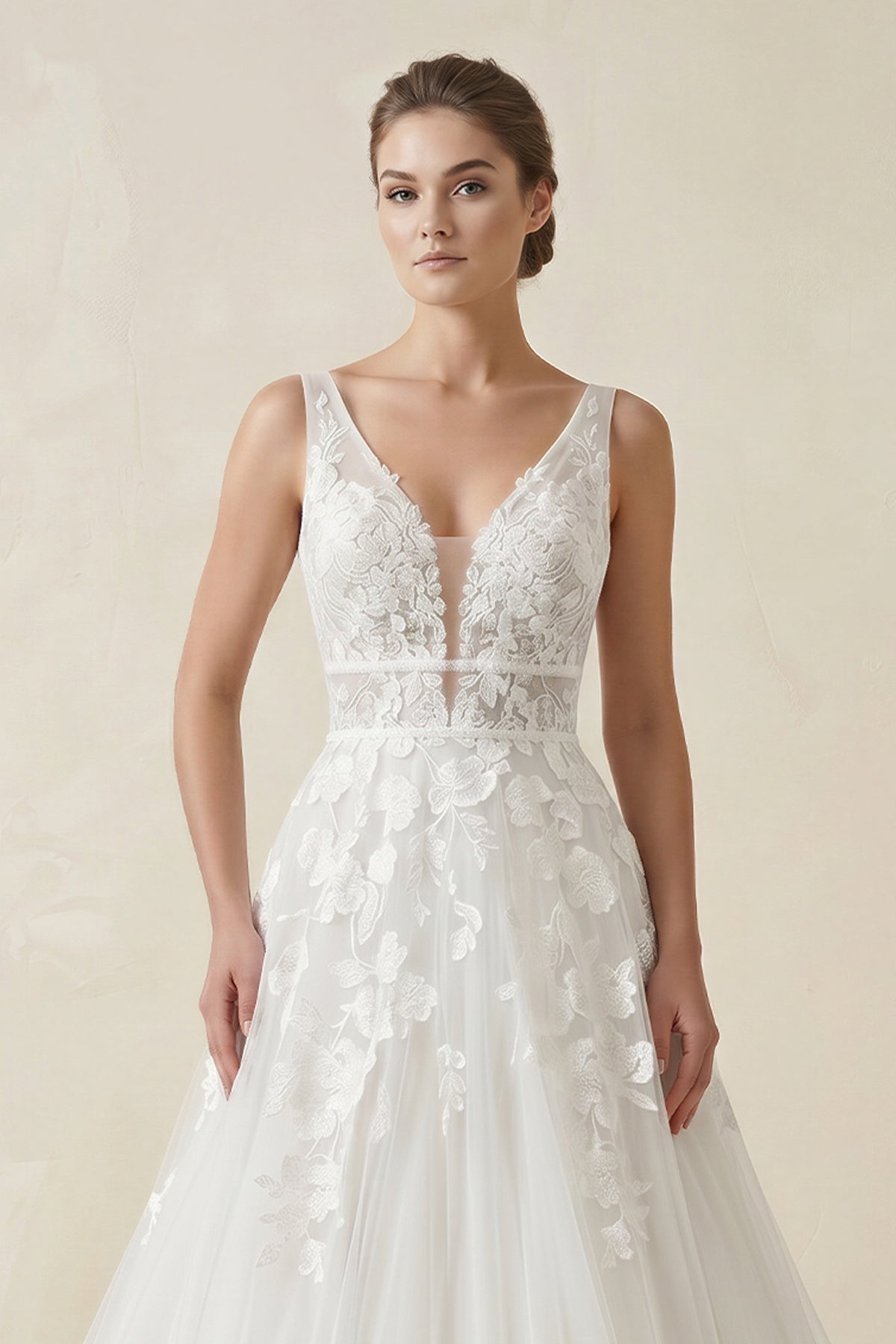Adorable A-Line Lace Wedding Dress With Appliques And Illusion Deep-V Back - Curvevia