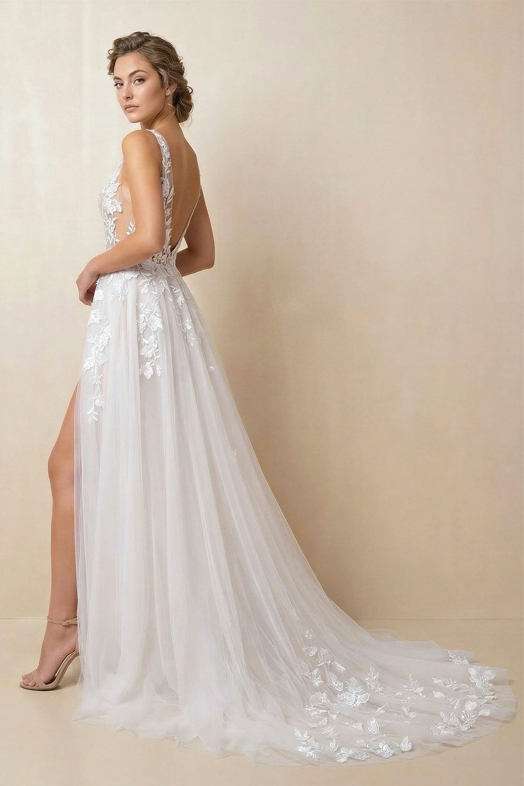 Attractive Illusion Deep V Neck Lace Appliques Boho Wedding Dress with Slit - Curvevia