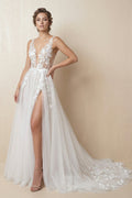 Attractive Illusion Deep V Neck Lace Appliques Boho Wedding Dress with Slit - Curvevia