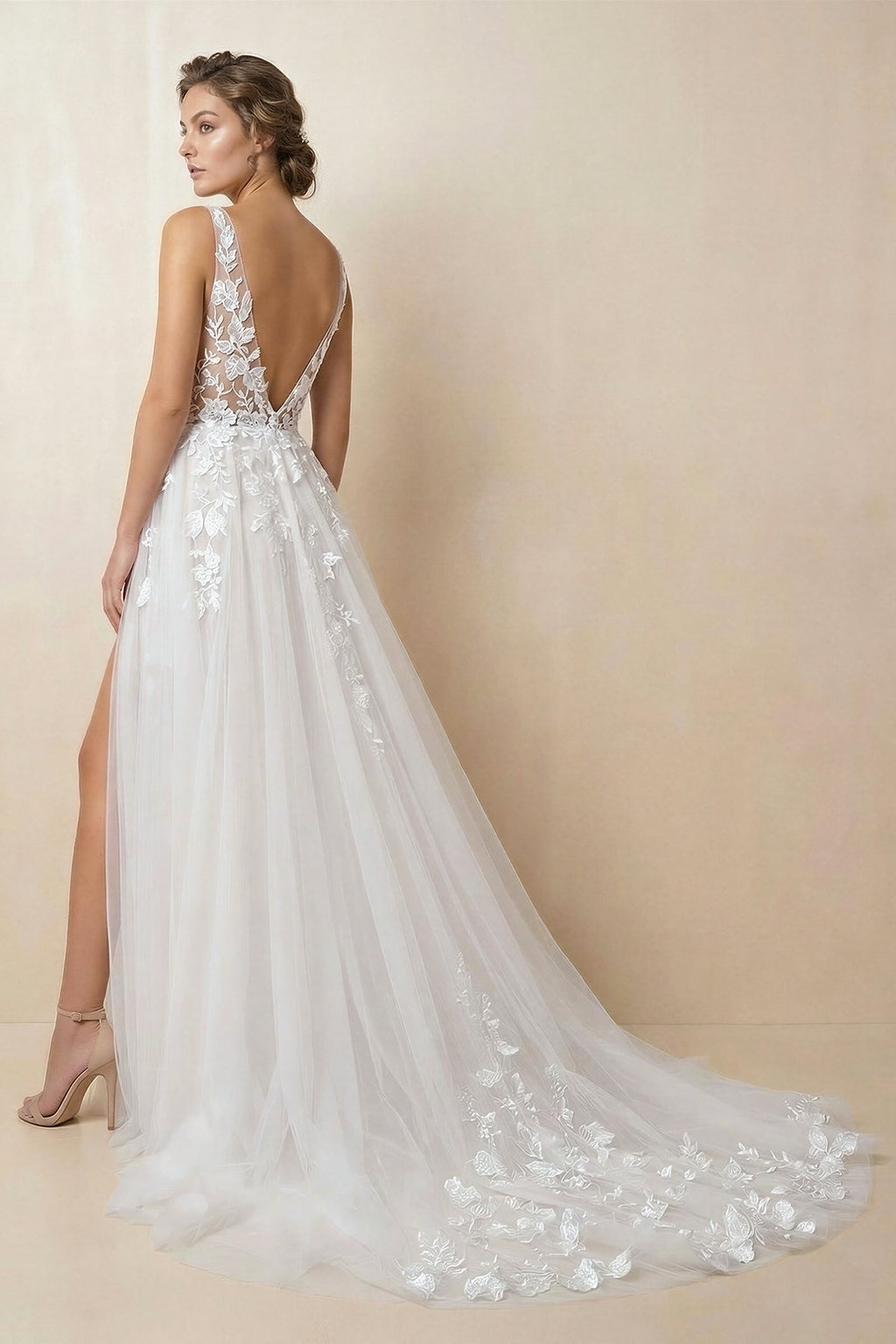 Attractive Illusion Deep V Neck Lace Appliques Boho Wedding Dress with Slit - Curvevia