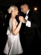 A-Line White Satin V-Neck Short Wedding Dress with Bow - Curvevia
