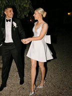 A-Line White Satin V-Neck Short Wedding Dress with Bow - Curvevia