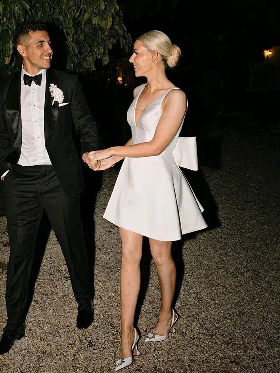 A-Line White Satin V-Neck Short Wedding Dress with Bow - Curvevia